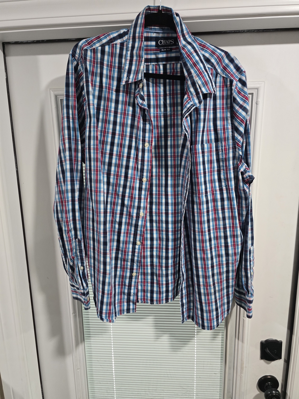 2XL Chaps Slim Fit Blue White Red Plaid Dress Shirt